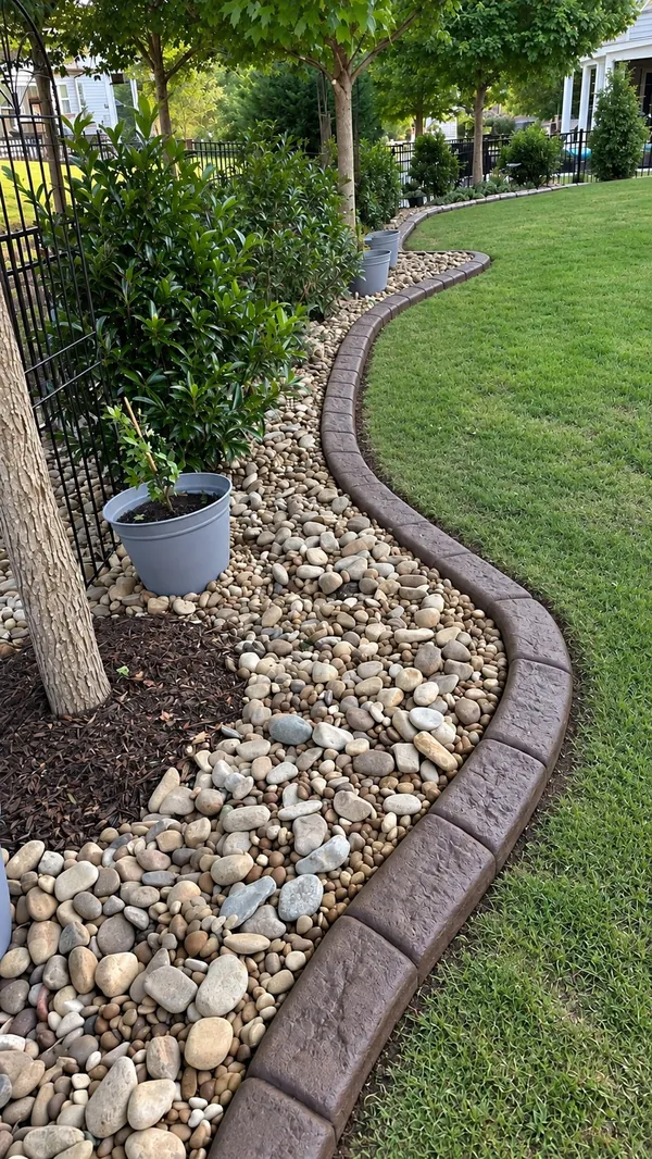 A winding poured curb between lawn and a river-rock planting strip