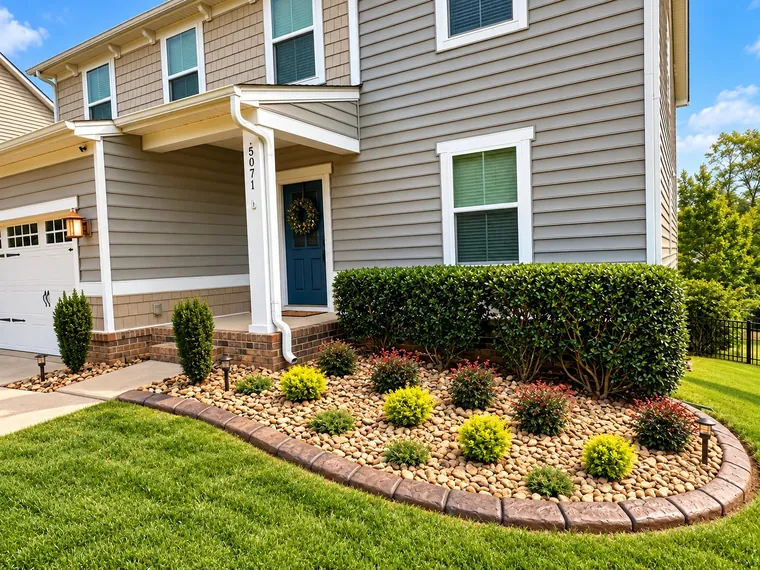 Front bed with a poured curb, river rock and low shrubs