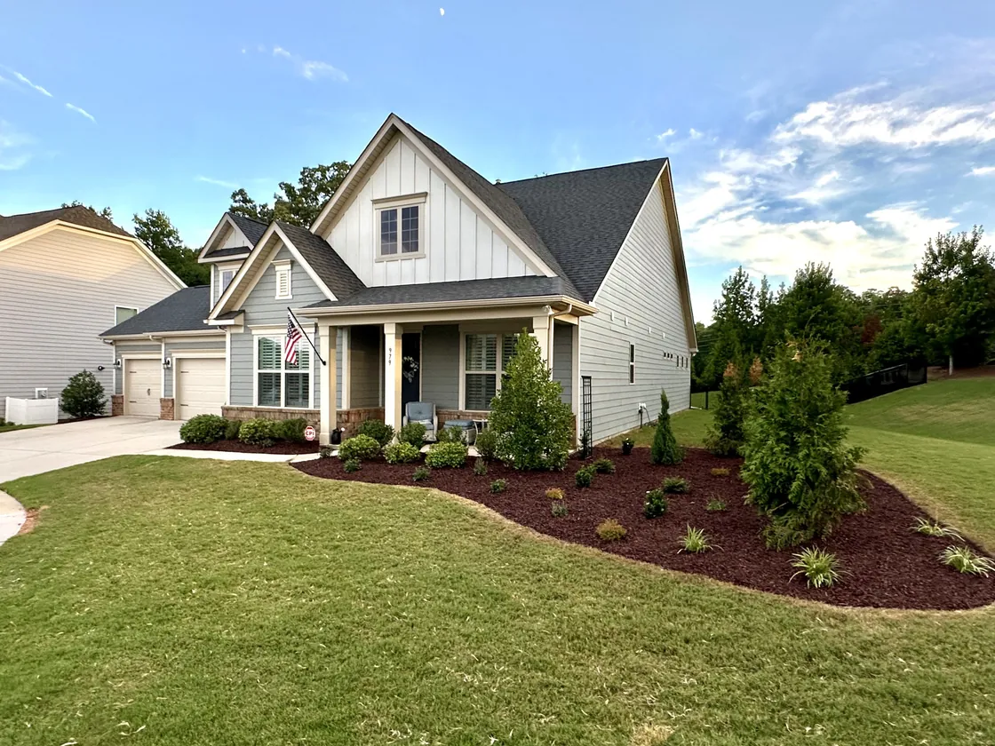 A Fort Mill front yard after the lawn, beds and plantings were finished