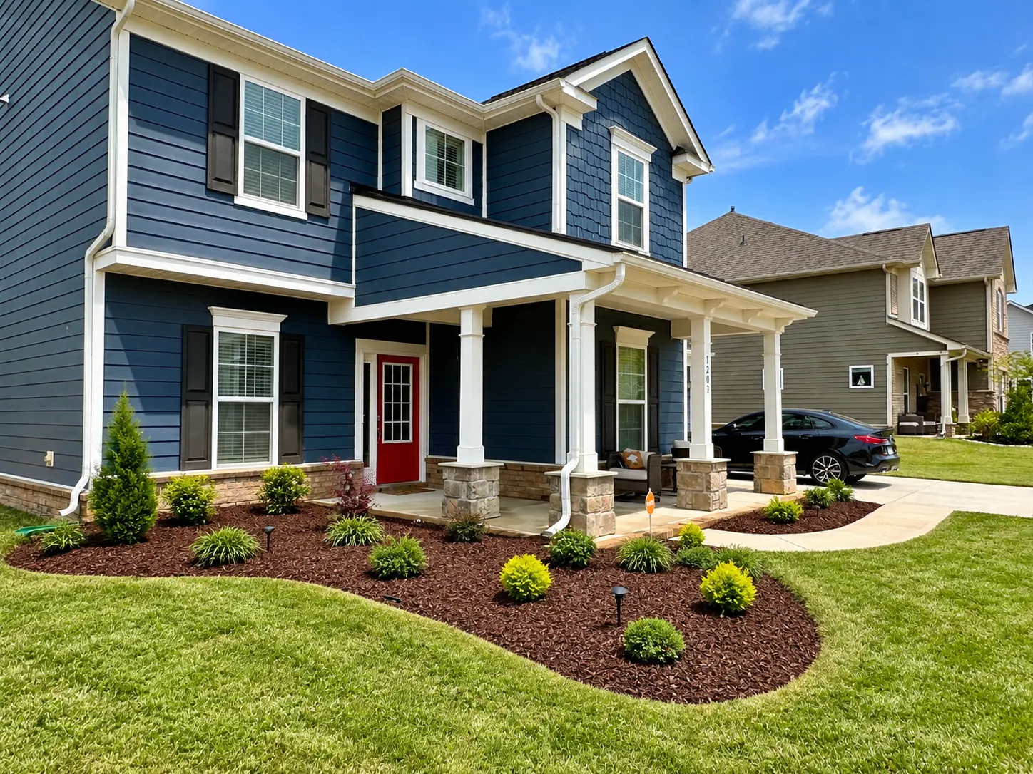 Navy house with a red door, a curved mulched bed and a poured curb