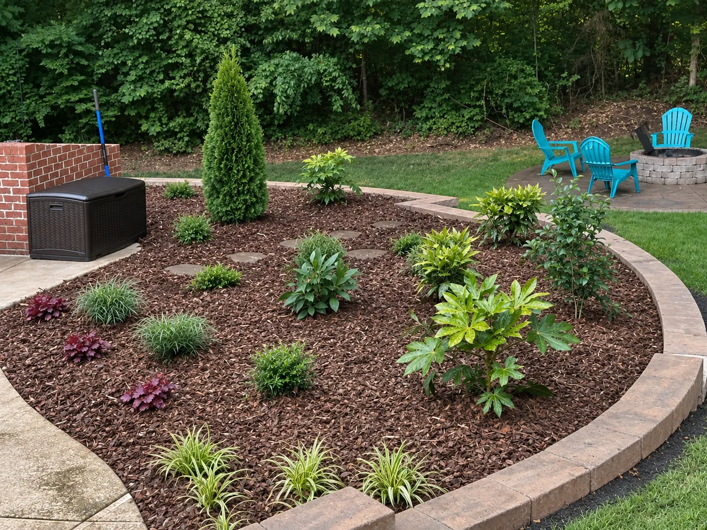 A planted bed with a poured curb, stepping stones and a fire-pit seating area beyond